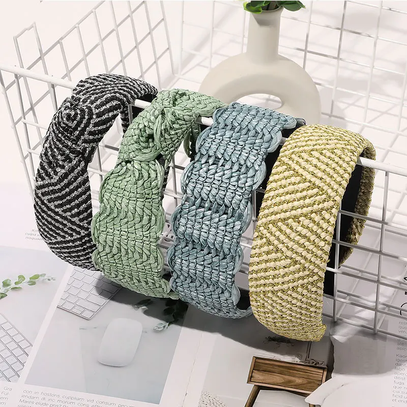 

Female Handmade Hair Accessories Gold Lace Raffia Weaving Straw Headband Cross Knotted Hair Hoop Wide Brimmed Head Hoop