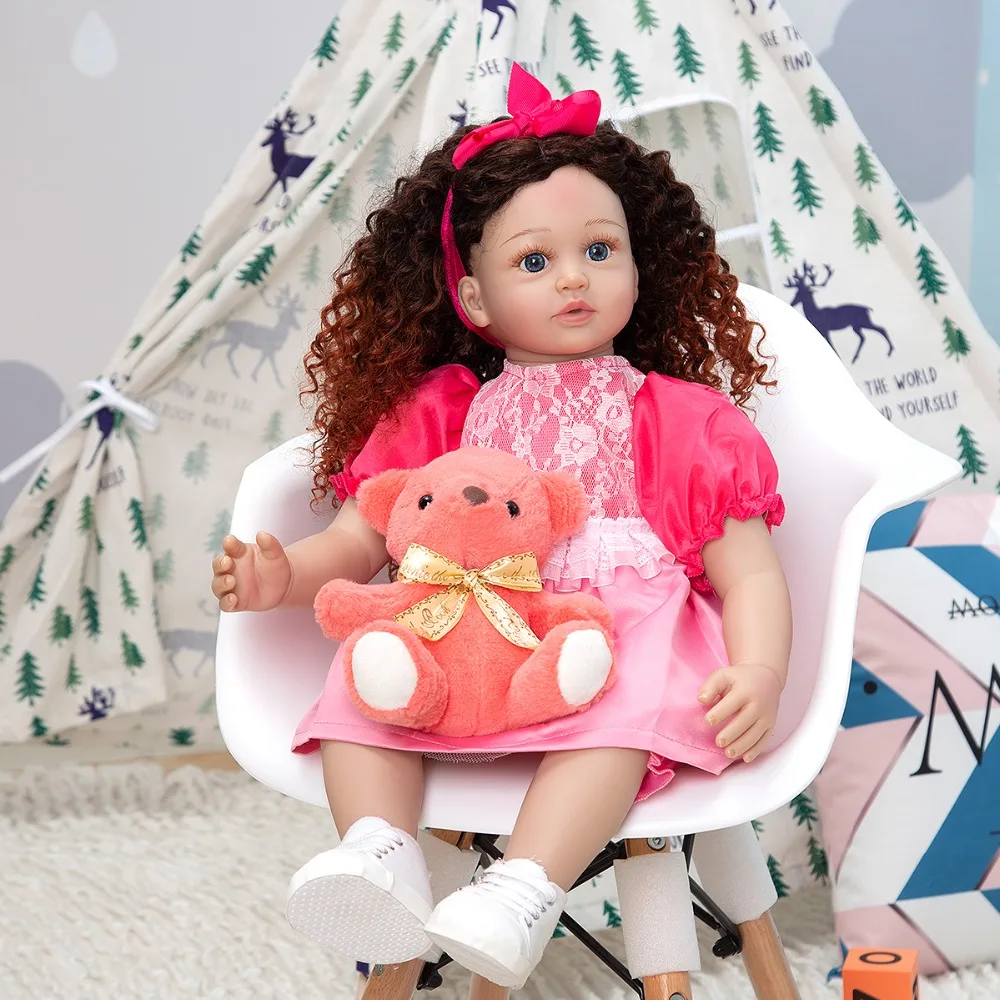 

60CM reborn toddler girl Density curly hair princess in pink skirt high quality collectible doll bebe reborn playmate gift