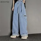 Джинсы женские в стиле Харадзюку, шикарные парные брюки оверсайз, популярная уличная одежда для подростков, длинные брюки из денима с широкими штанинами