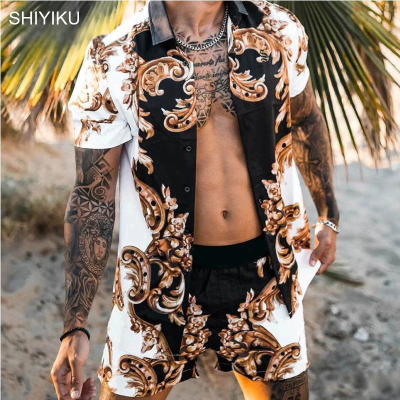 

SHIYIKU Fashion Hawaiian Sleeve Shirt Set Brand Men's Beach Coconut Print Shorts Men's Daily Beach Shirt Set Two-Piece S-3XL