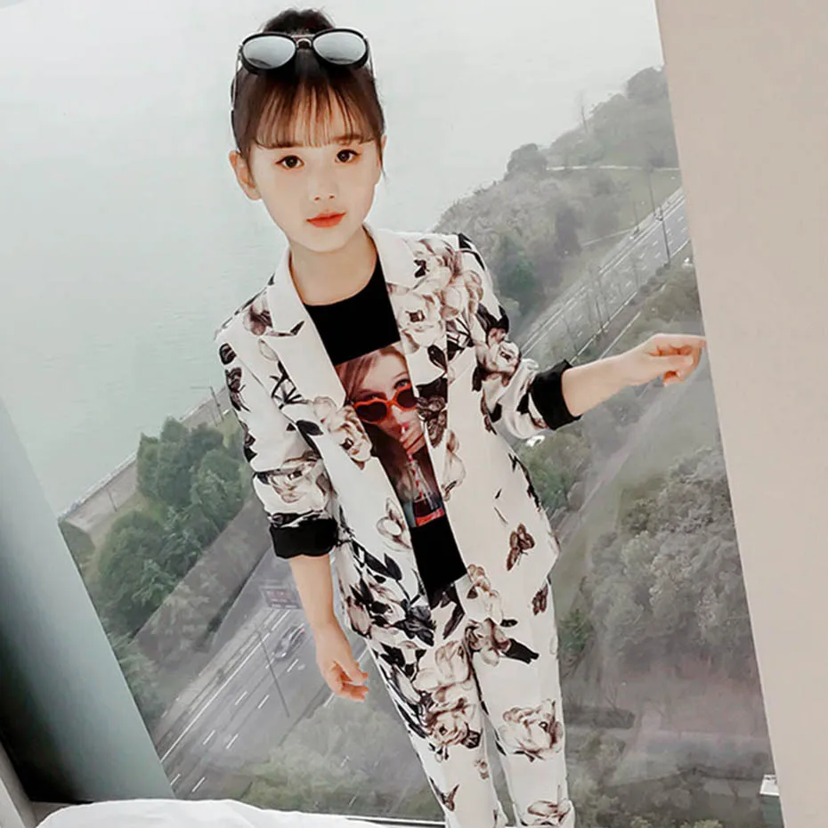 Детская одежда блейзеры и брюки с цветочным принтом Одежда для девочек на одной