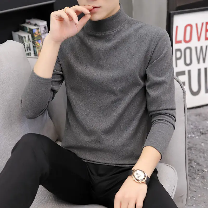 

2021 осень/зима половина Высокий воротник с длинным рукавом Футболка мужская теплая бархатная основа Двусторонняя бархатная мужская одежда