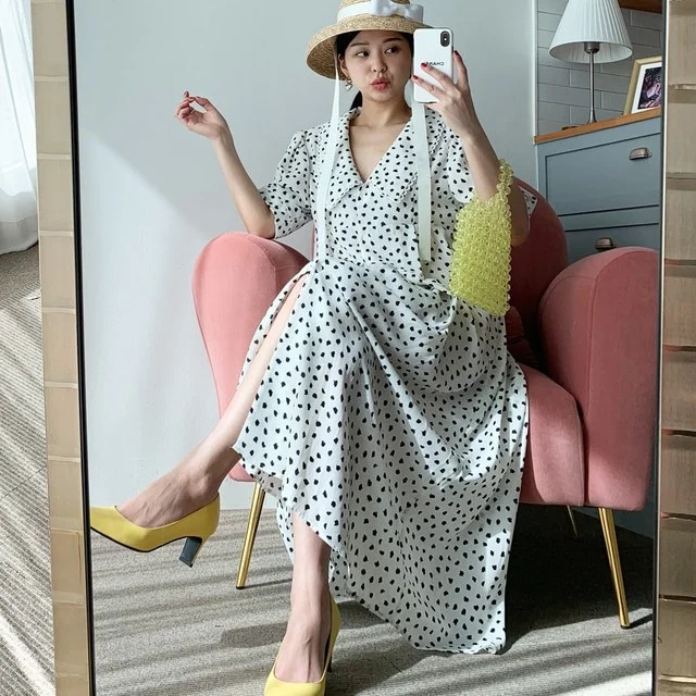 

Korean Chic Summer Retro Sweet Western Style Youthful-Looking Lace Stitching Lapel Slimming Mid-Length Short Sleeve Dress