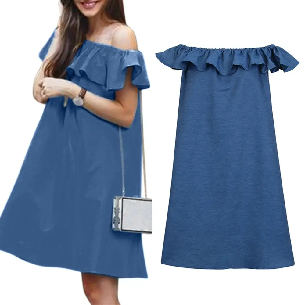 

Vicabo L-4XL Large Womens Dress Ruffled Neck Sweet Solid Loose Vestidos Blue Robe Femme Fashion Casual Summer Dresses
