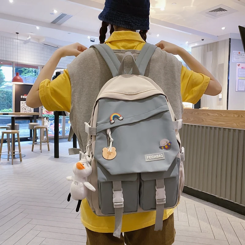 

EST Waterproof Nylon Large Capacity Patchwork Kawaii Badge Contrast Color Girls School Bag Shoulders Bagpack Female Backpack Bag
