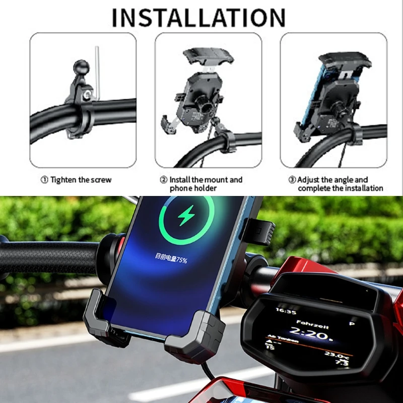 

28GE Waterproof Motorcycle Type C PD 15W Qi Wireless Charger Stand Cellphone Holder