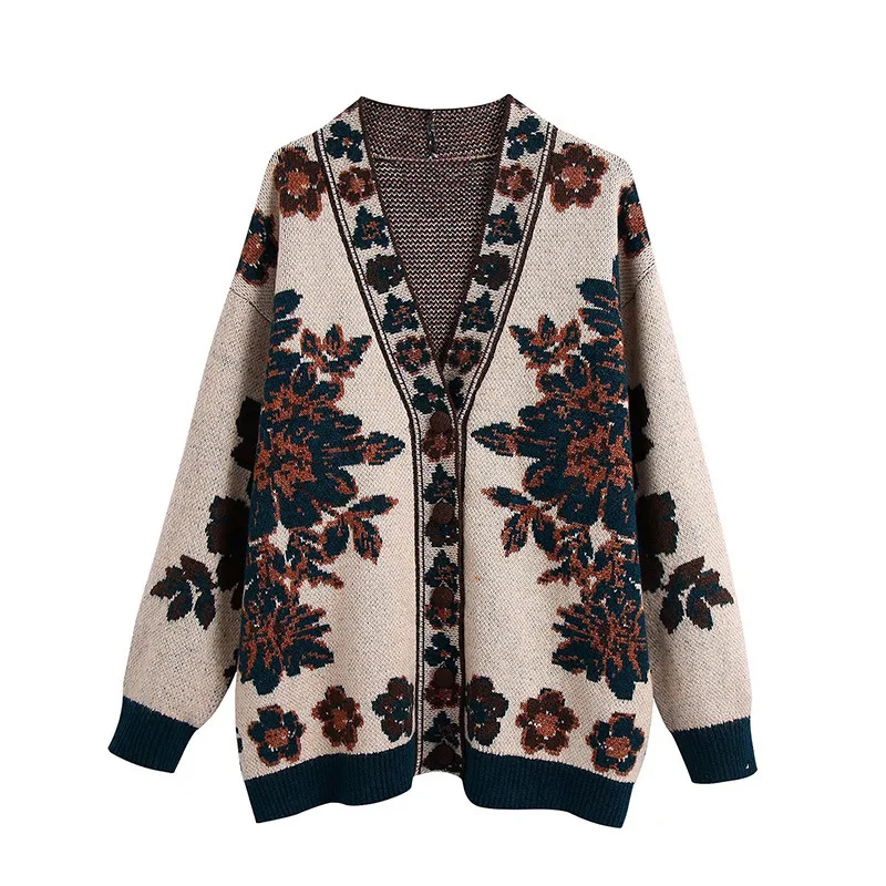 

Za Women Vintage Position Floral Print Jacquard Knitting Cardigans Sweater Female Chic Buttons Casual Retro Coats Tops