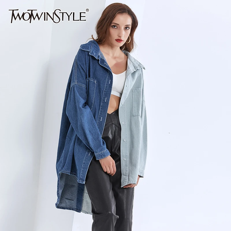 

Женская Джинсовая блузка TWOTWINSTYLE, повседневная Асимметричная блузка с длинным рукавом, весна 2021
