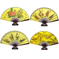 13 inch portable decorative large bamboo folding hand fan chinese floral animal pattern traditional silk fabric fans men gift