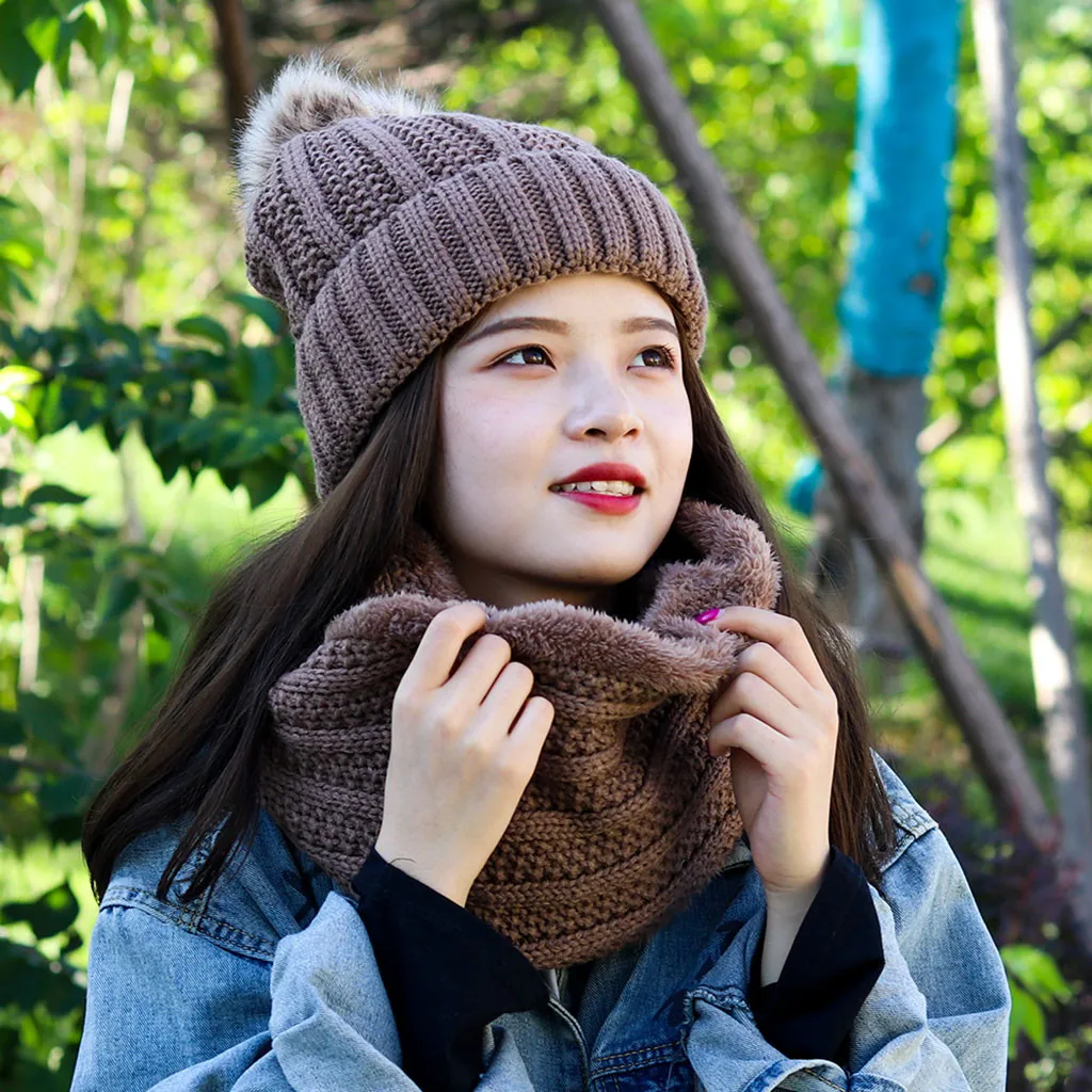 Зимняя Лыжная Мода пушистый помпон шерстяная теплая шапка для женщин 2 шт костюм