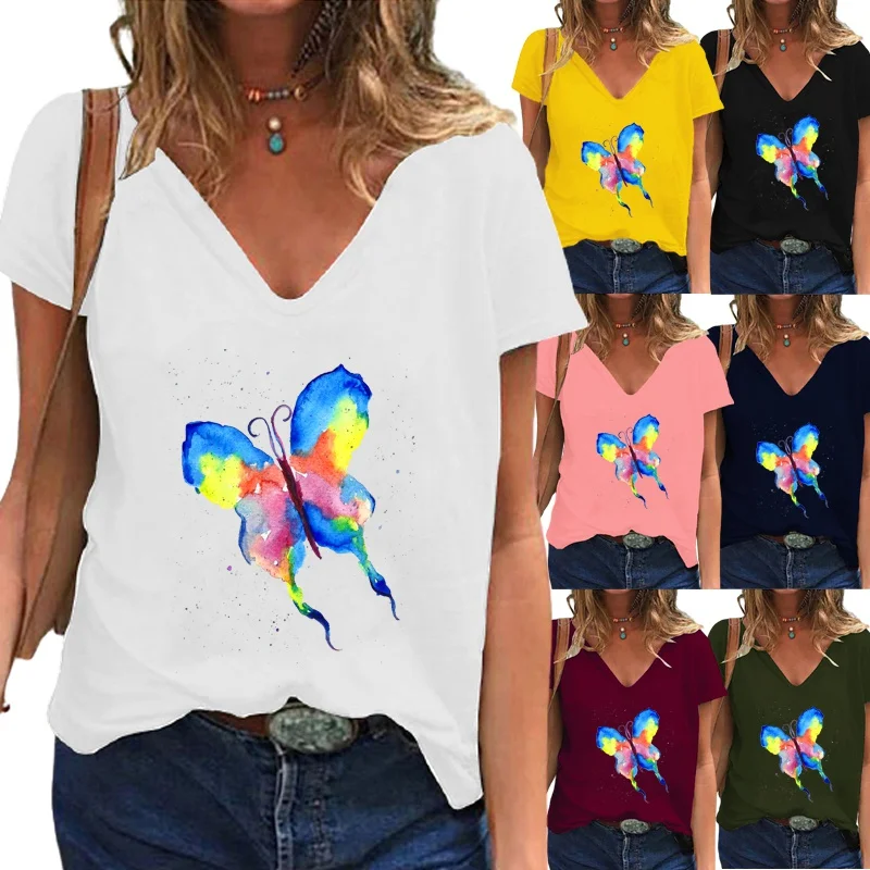 

Женская футболка с коротким рукавом, V-образным вырезом и принтом бабочек