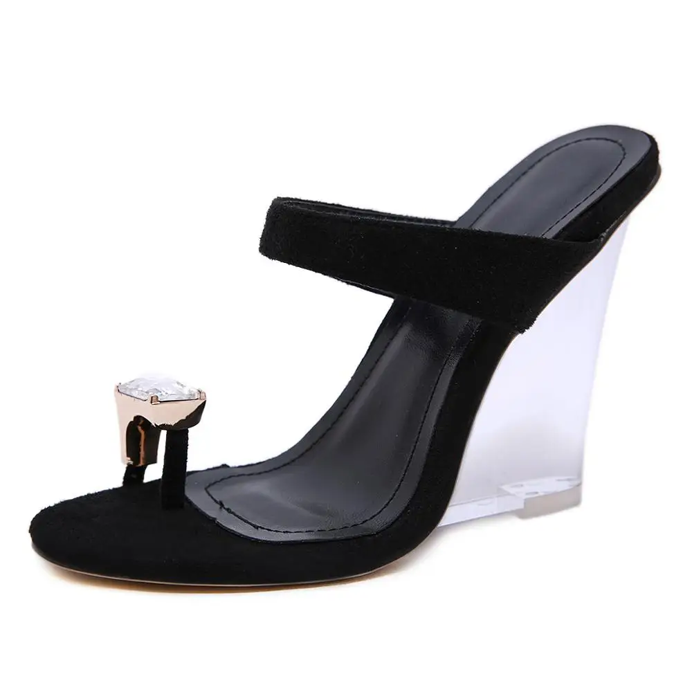 

SONDR Clip Toe Rhinestone Plus Size Women Slippers Transparent Crystal Wedge High Heels Ladies Slides Casual Women Shoes Sandals