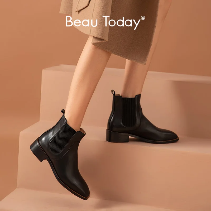 

BeauToday Chelsea Boots Women Calfskin Leather Ankle Boots Square Toe Elastic Band Female Block Heel Shoes Handmade 03854