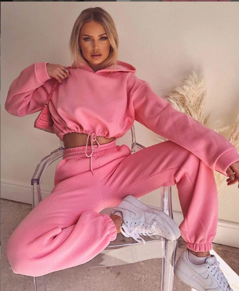 

2 Pieces Sets Women Fleece Tracksuit Suits Hooded Drawstring Female Sport Casual Outfit Short Sweatshirts Set Sport Pants Suit