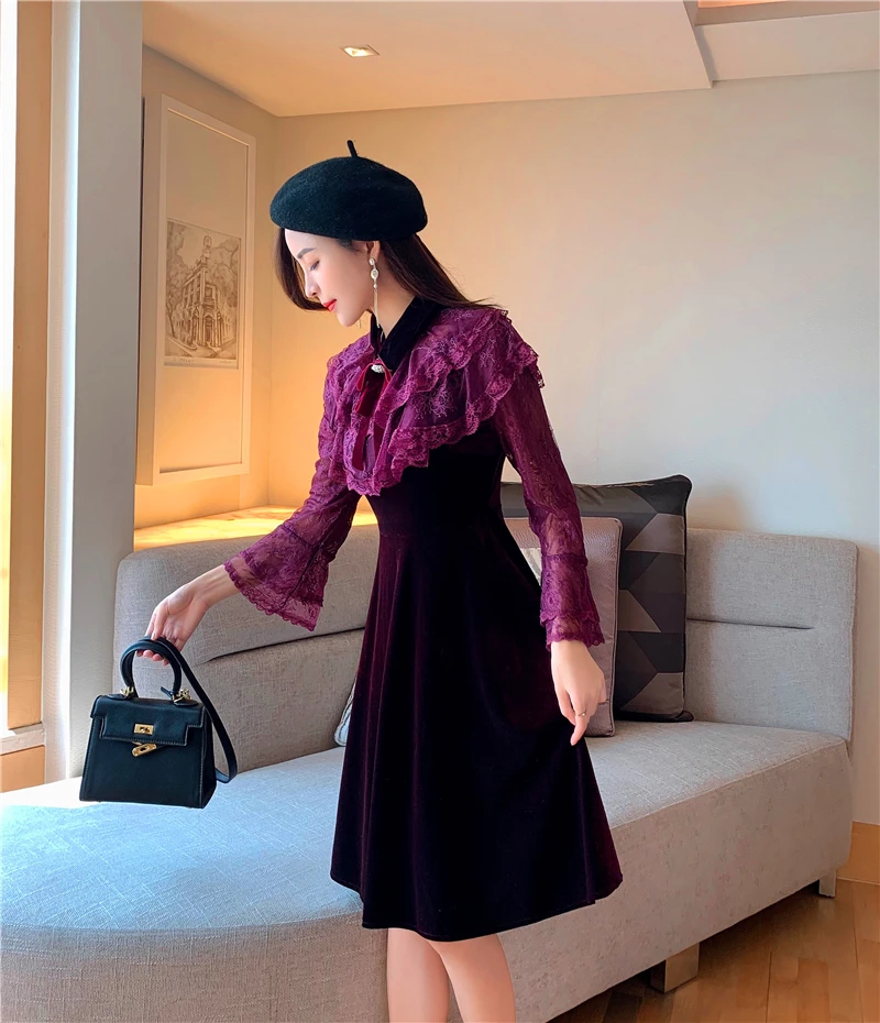 Женское бархатное платье до колен дизайнерское подиумное с бантом на воротнике и