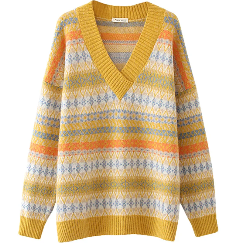Plus Size Casual Essential Sweaters 2019 Autumn Women Fashion Loose sheep cashmere jacquard Knitting Pullovers D1-Z19058 | Женская