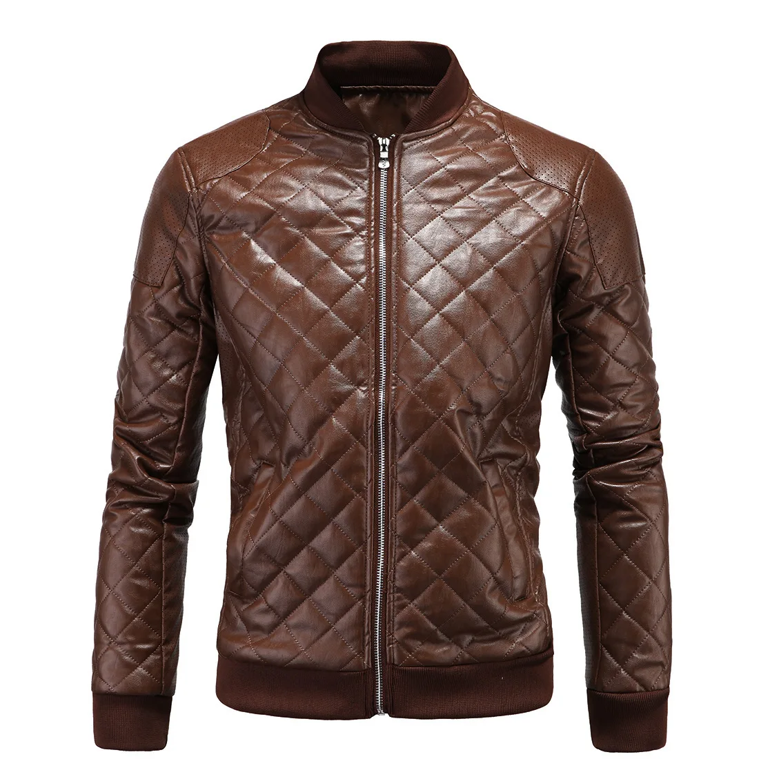 

2021 Winter New Men's Leather Jacket British Stand Collar Men's Diamond Leather Jacket Leather Coats