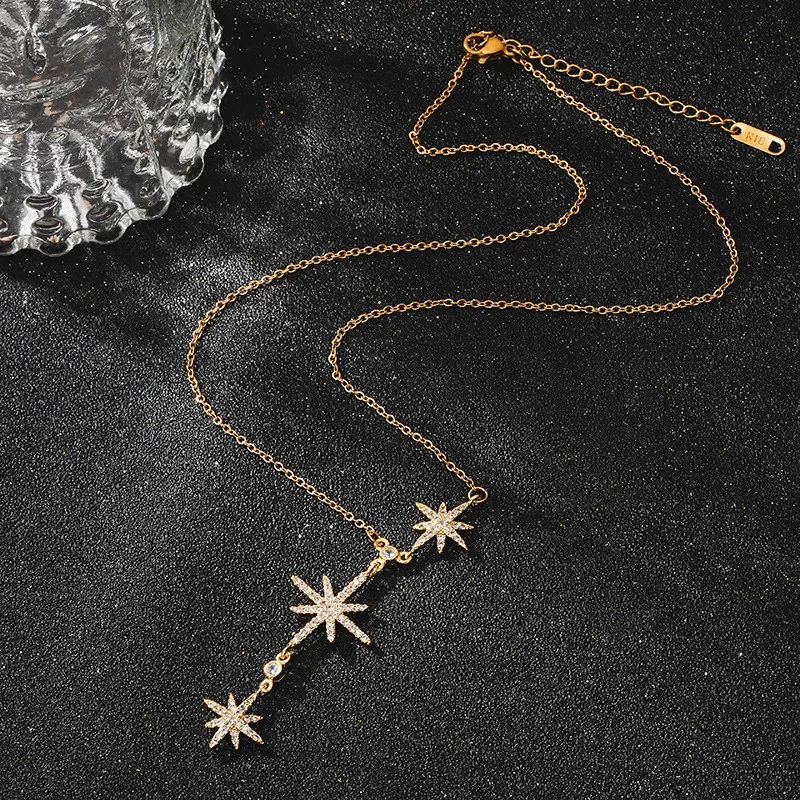 

Net Red Titanium Steel Three-Shooting Star Non-Fading Necklace Female Six-Pointed Star Rose Gold Clavicle Chain Gift Accessories