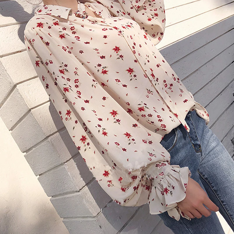 2020 High Collar Blouse Fashion Ladies Floral Long Sleeve Casual Shirt Top Loose Sleeve Printed Neck Blouse Shirt Top
