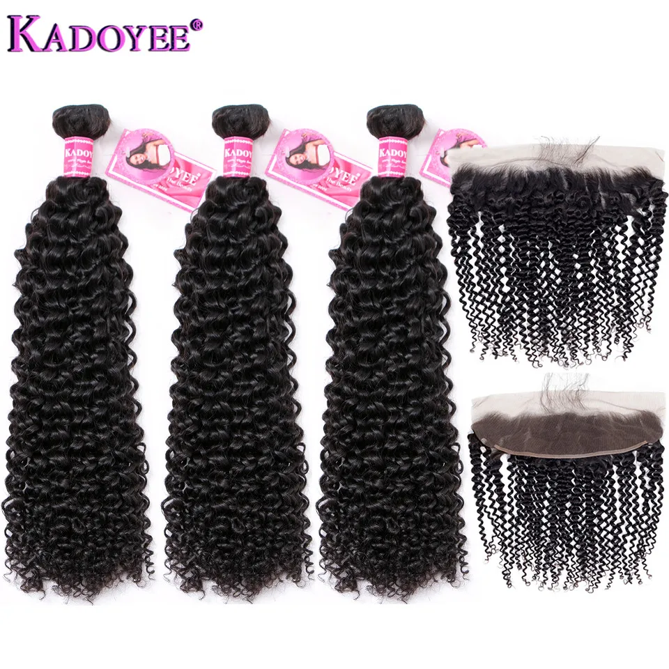 Kinky Curly Bundles With 13x4 Frontal Remy Human Hair 3Bundles With Closure H Brazilian Hair Weave Bundle Extension With Closure