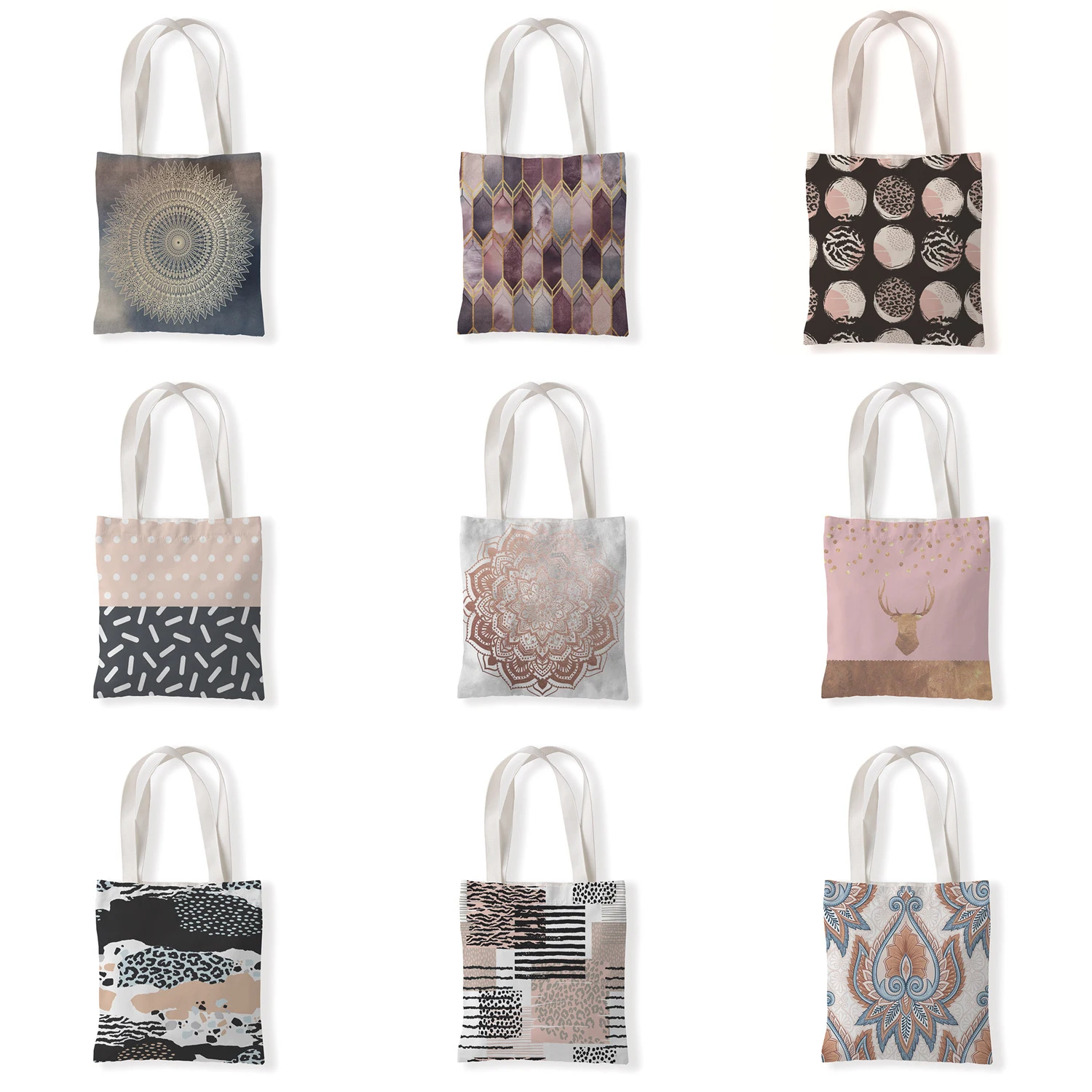 

Geometric Canvas Bag Shopper Bag Flower Leaves Letter print large Capacity Vintage Shoulder Bags