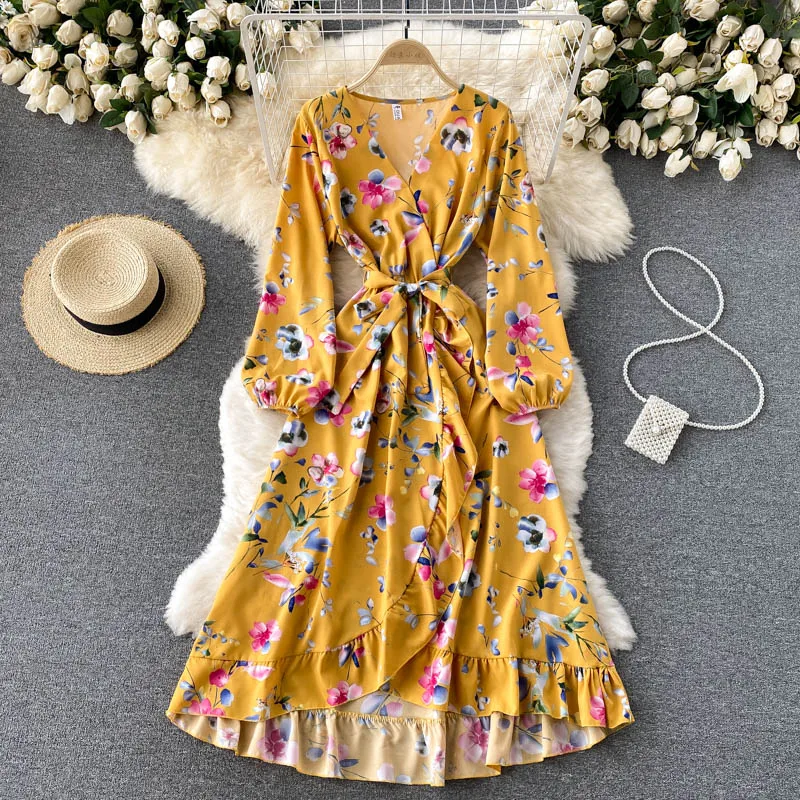 

Fall 2021 New Cross V-neck Flared Sleeve Bow Ruffled Pleated Irregular Dress