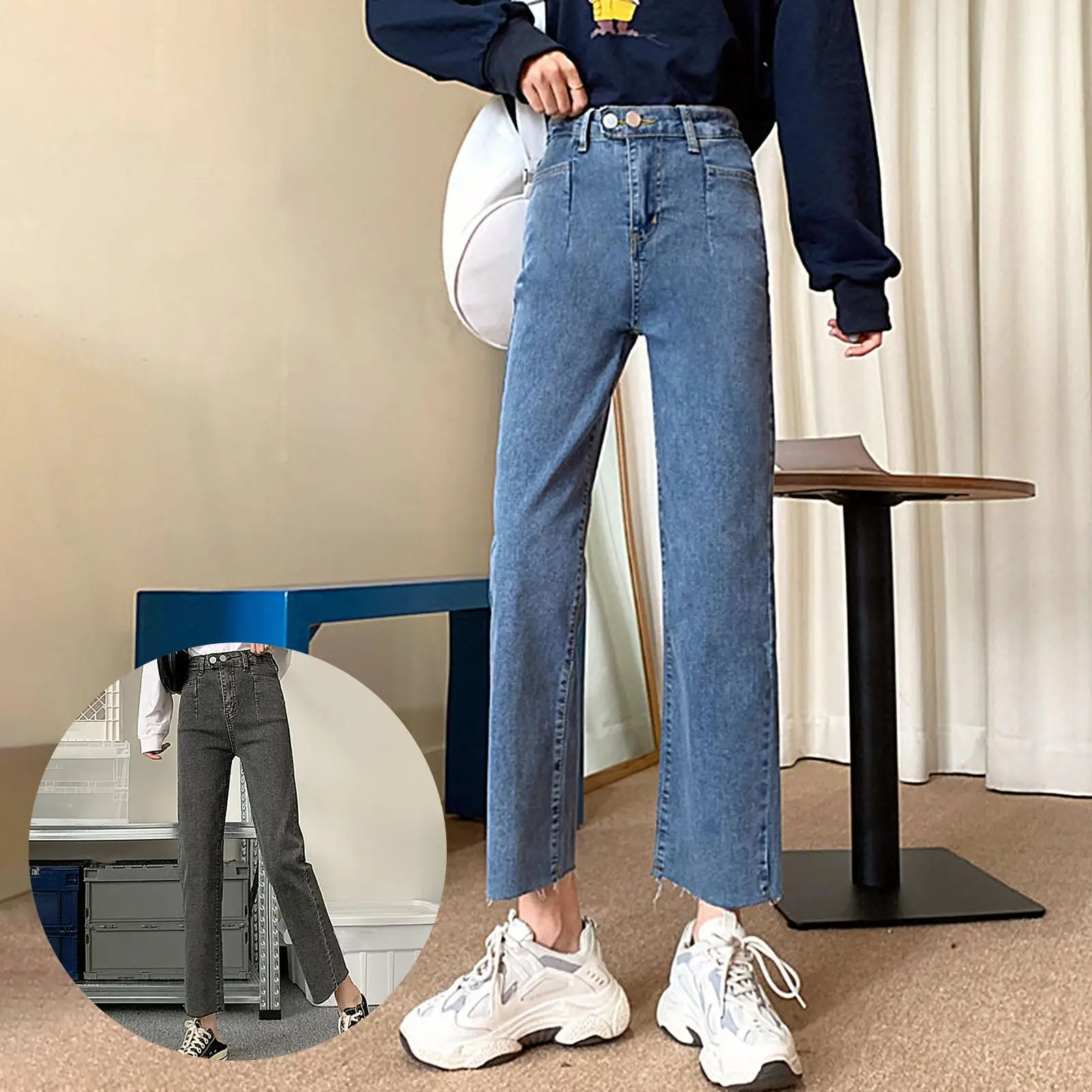 

New Fashion Women Streetwear High Waist Trousers Buttons Pockets Straight Pants Leisure Long Jeans