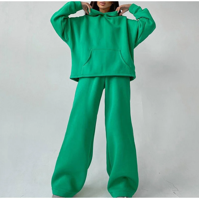 

Women Fashion Streetwear Hooded Tracksuit Two Piece Sets Pullover Sweatshirt Top High Waist Wide Leg Pant Suits Female Basic
