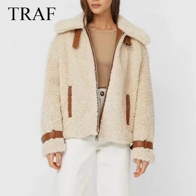 

TRAF ZA Women's Jacket Winter Thicken Warm Lambskin Turndown Collar Coat Commute Fashion Overcoat Fluffy Cozy Oversize Outerwear