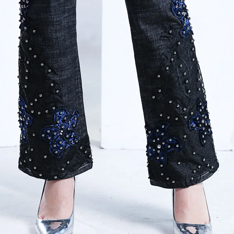 Женские расклешенные брюки FERZIGE Эластичные Обтягивающие черные ручной работы с