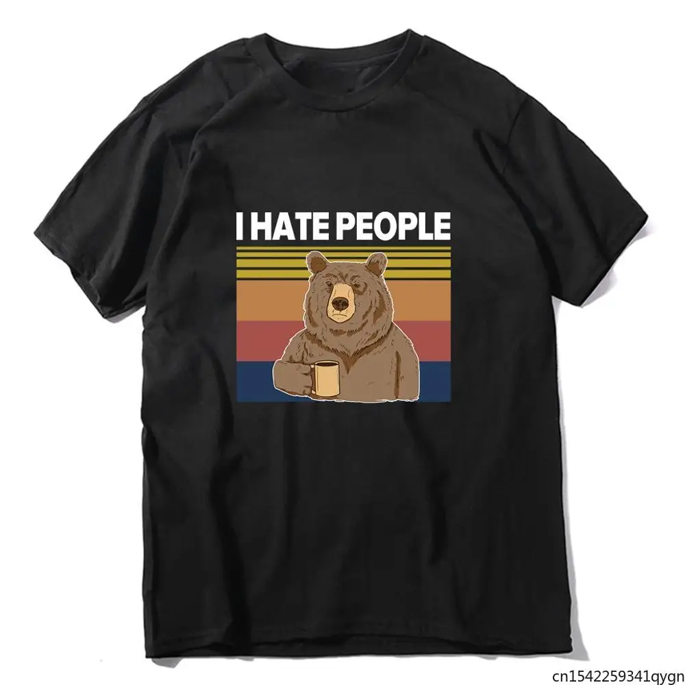 

I Hate People Funny Shirt Bear Drinking Tea Meme Vintage Neck Summer Men's T-Shirt Humor Gift Women T-Shirt Top Tee