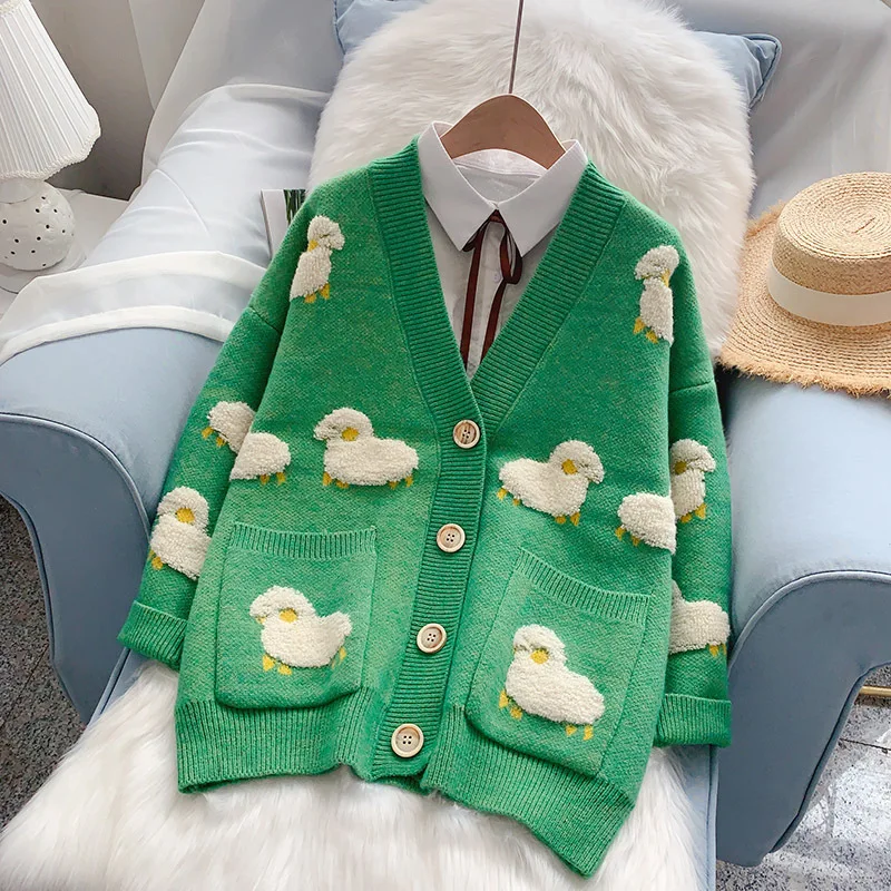 

2021 Women Long Sleeve Coat V Neck Sweaters Sheep Cartoon Pictures Knit Jacket Spring Autumn Thicken Oversize Sweater