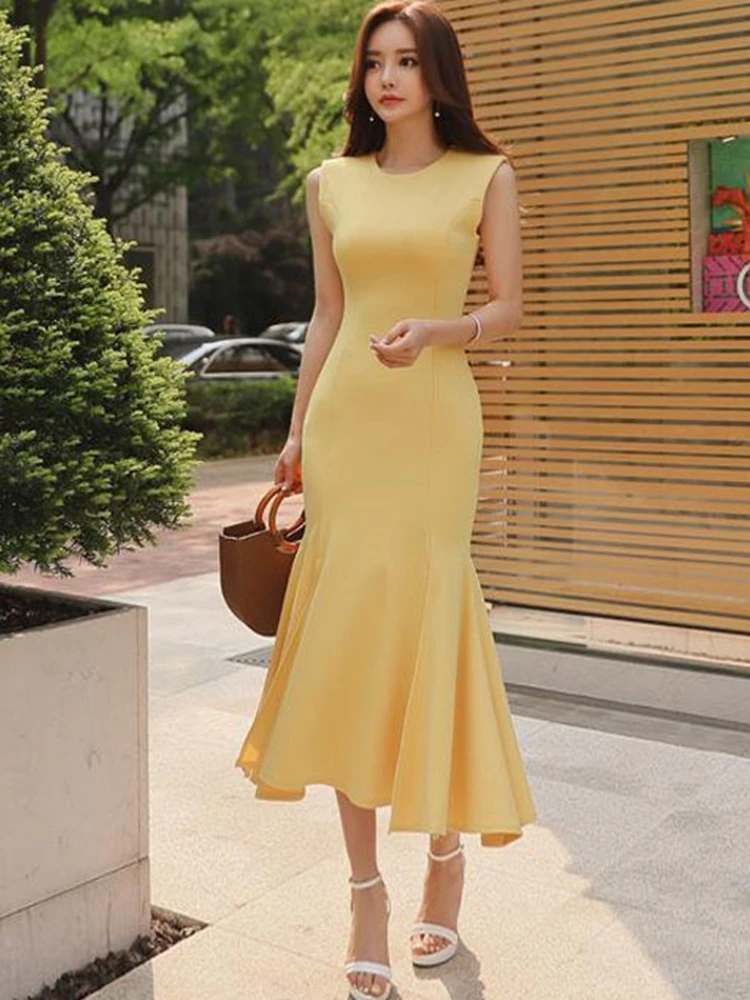 

2020 summer High quality women work wear temperament office lady sleeveless natural O-neck solid mid-calf party Mermaid dress