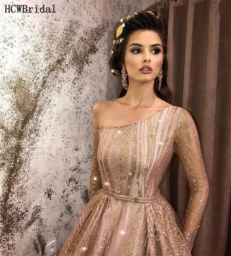 

Rose Golden Glitter Long Sleeves Evening Dress Saudi Arabic One Shoulder Ball Gown Special Occasion Dress Customize Abendkleider