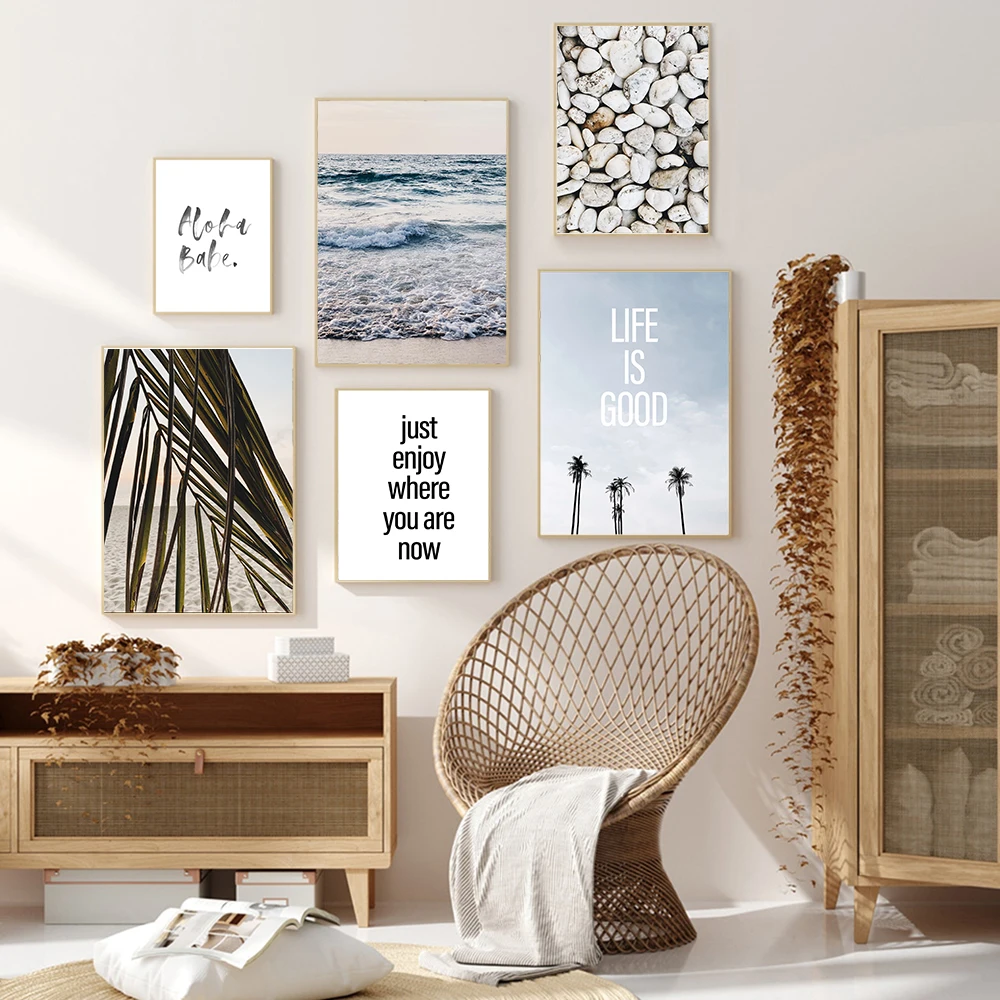 

Beach Scenery Poster Tropical Travel Canvas Painting Sea Pebbles Art Print Nordic Plant Wall Picture Living Room Fashion Decor