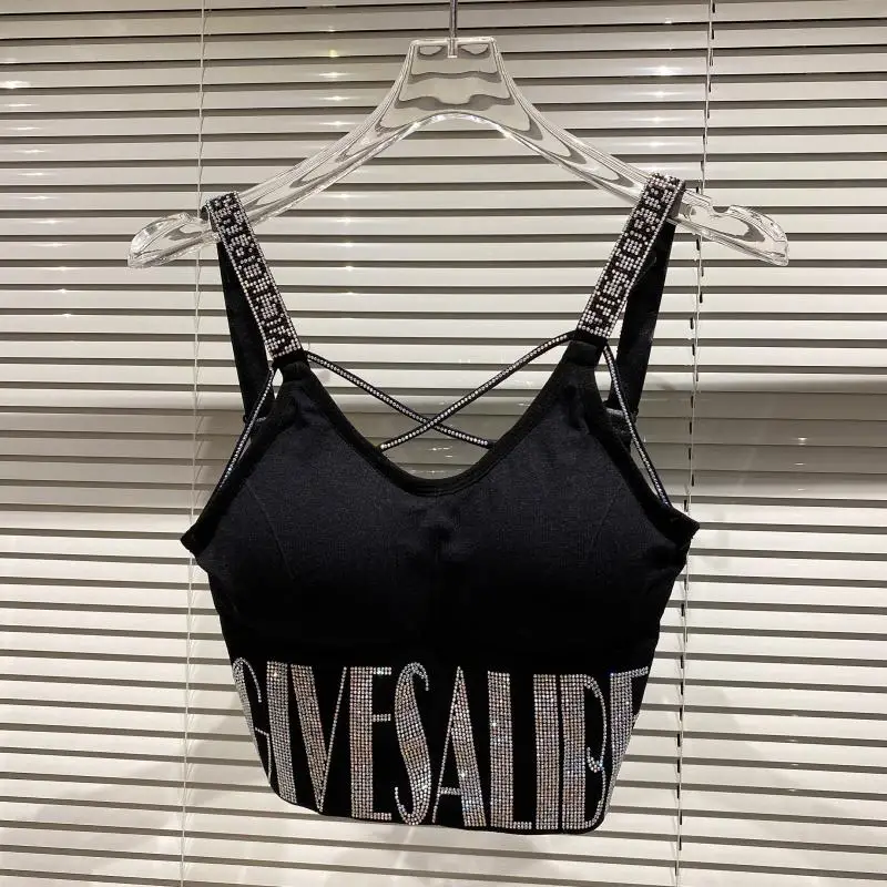 

Net Red Ladies Camisoles 2021 New Fashion Women Underwear with Chest Pad Hot Drilling Letter Shiny Beautiful Back Slim Tube Top