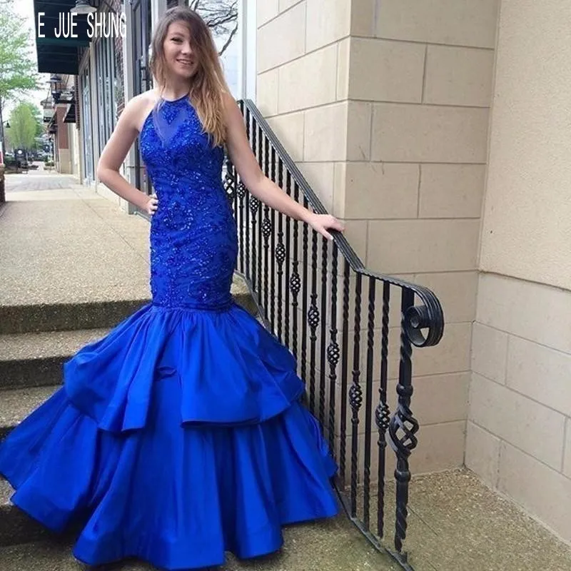 

E JUE SHUNG Royal blue Mermaid Evening Dresses Halter Neck Lace Appliques Zipper Back Prom Party Dresses vestidos de fiesta