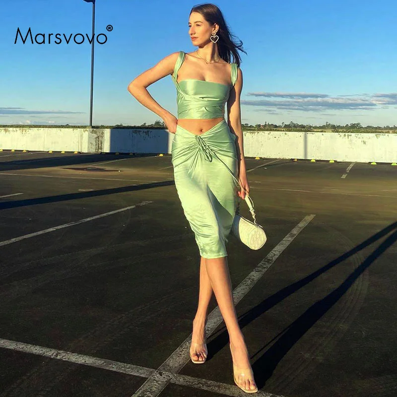 

2 Pieces Sets Women Sleeveless Top Tank+knee-length Long Solid Skirt Pencil Bodycon Drawstring Dress Slim Summer Clothing Set