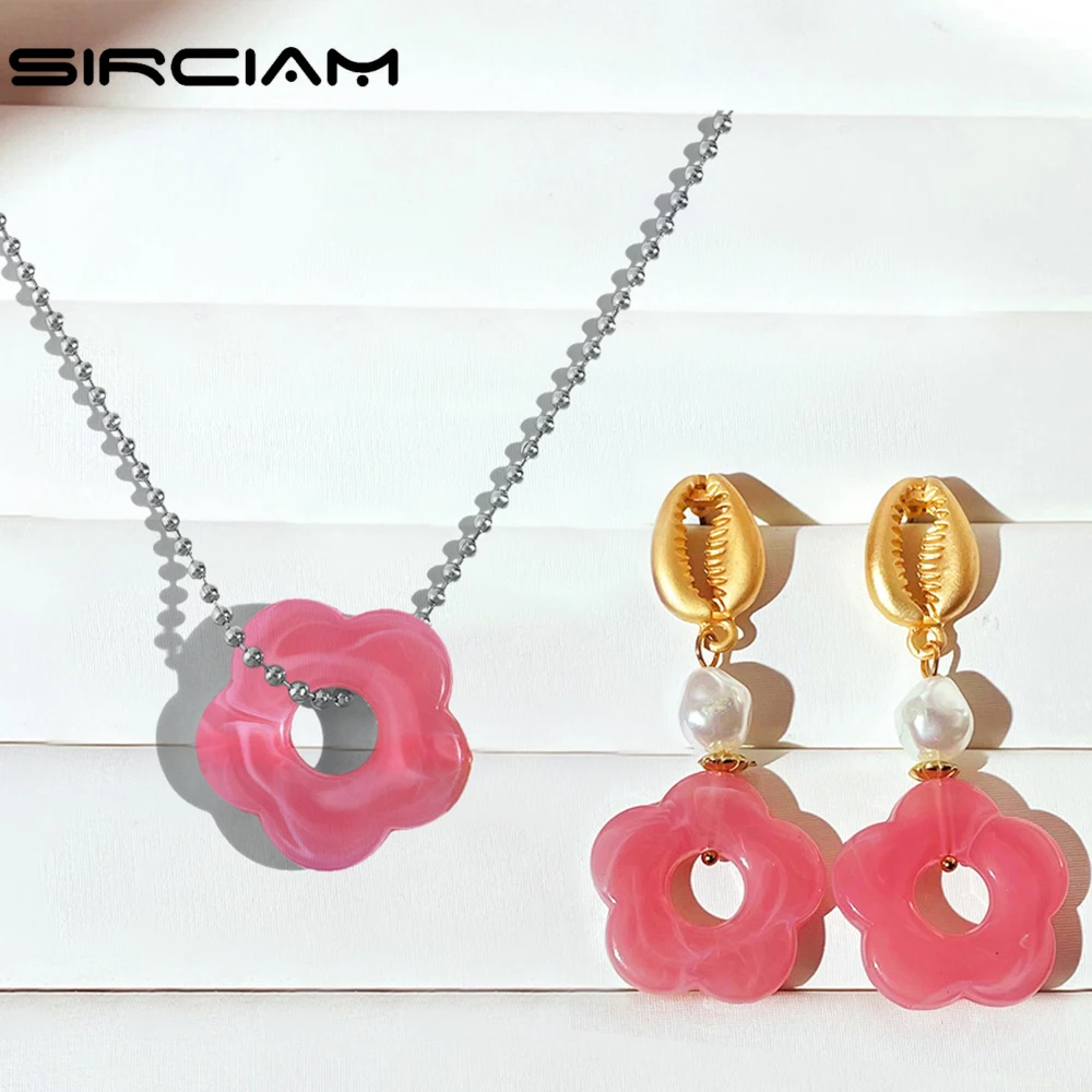 

Korean Pink Geometry Flower Jewelry Sets For Women Trendy Acrylic Resin Flowers Necklace Earrings Set Y2K Girls Jewellry Gift