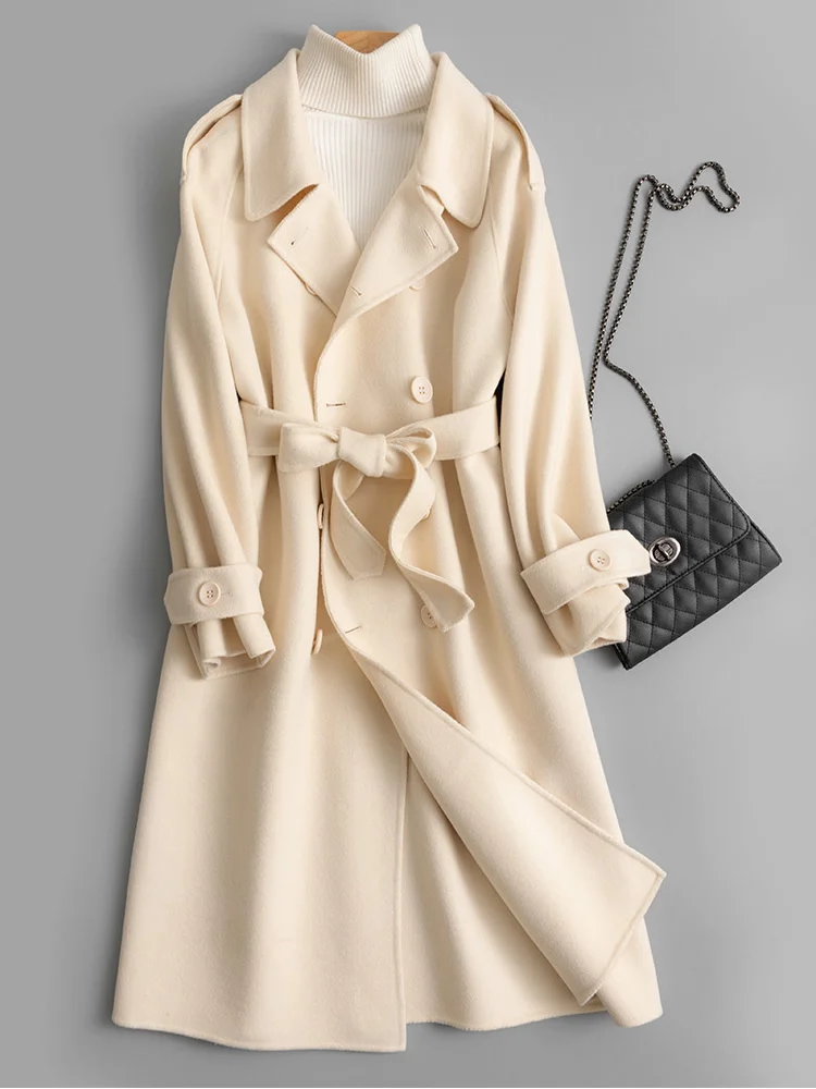 

Shzq High End Temperament Double Faced Cashmere Overcoat Women's Middle Long Off White 20 Winter New Korean Woolen Jacket