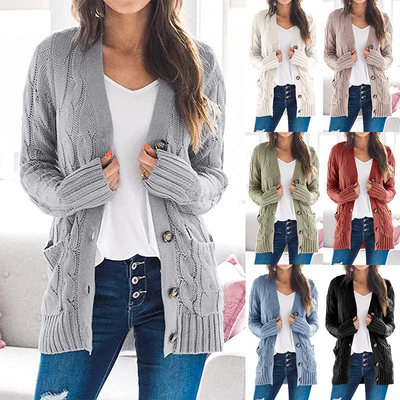 

2021 Autumn/Winter New Cardigan Sweater Women V-neck Single Breasted Long Sleeve Sweater Jacket Solid Color Fashion Wool Coat