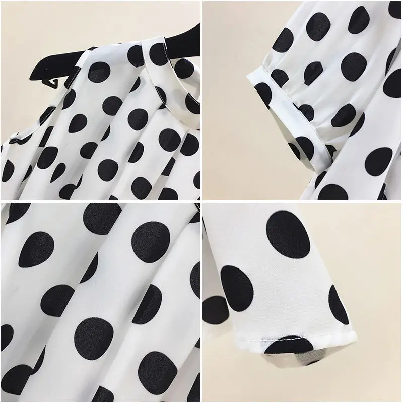 

2021 plus size women's summer new fat sister loose and thin belly cover shirt polka-dot strapless short-sleeved chiffon shirt