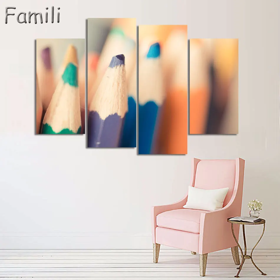 

4 Panels Colourful feathers color pen fresh look modern flower painting wall art decorative image painting on canvas prints