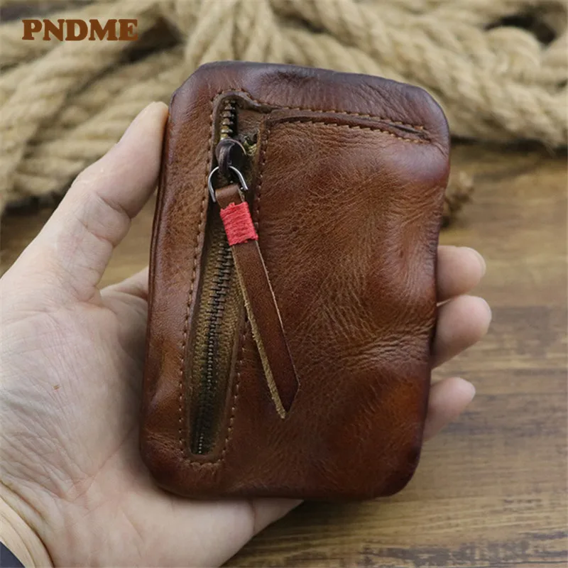 

PNDME vintage small top layer leather coin purse simple handmade soft genuine leather mini luxury zipper money and cards bags