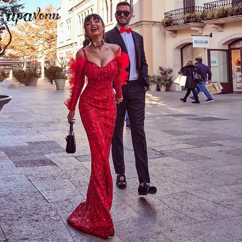 

Женское длинное платье с блестками, красное Сетчатое облегающее платье с V-образным вырезом и длинным рукавом, модельное Клубное празднично...