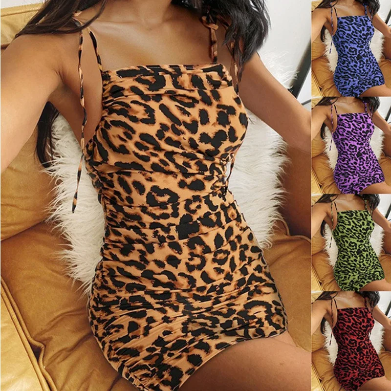 

Short Skirt 2021 The New Women's Clothing Buttocks Sling Draw Back Temperament Commute Leopard Dress