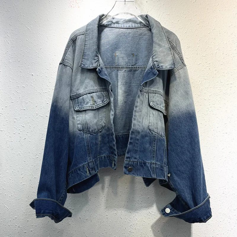 

Up Down Two Wear Denim Jacket Women Fashion Gradient Color Loose Jeans Jacket Bat Long Sleeve Short Coat Streetwear Female Tide