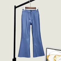 europe style womens high rise leather ninth pants spring autumn high quality sheepskin real leather bell bottoms pants a090