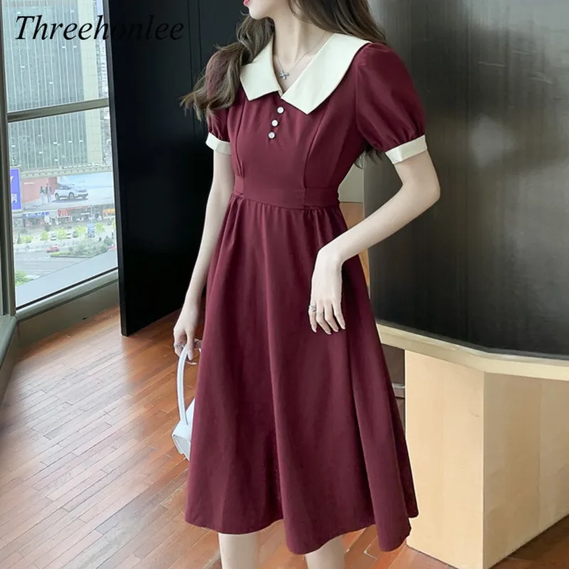 

Женское винтажное платье с коротким рукавом, элегантное офисное платье в Корейском стиле с воротником «Питер Пэн» и высокой талией, лето