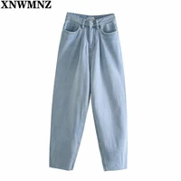 xnwmnz vintage high waist slouchy jeans pant for women streetwear loose female denim jeans buttons zipper ladies jeans 2021